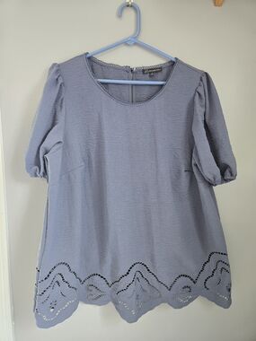 Adrianna Papell Light Blue Puff Sleeve Eyelet Hem Top